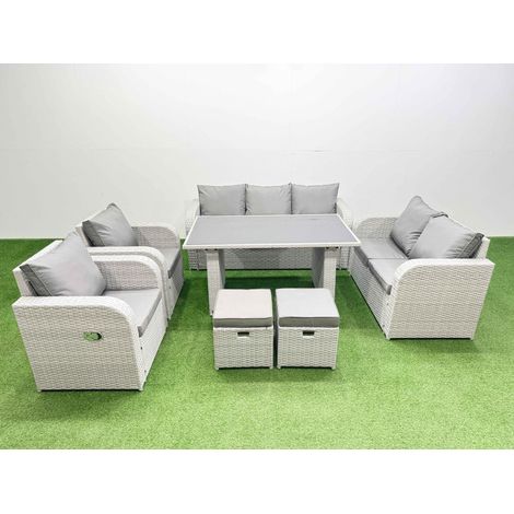 Fimous 9 Seater Garden Furniture Set PE Ratten Garden Sofa Set with Rectangular Dining Table 2 Small Stools Light Grey (1/4)