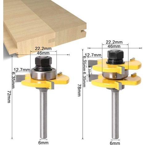 Jeu de fraises à rainurer et languette assorties, queue de 6 mm, 3 dents, en forme de T, outil de coupe, de finition et de travail du bois (1/3)