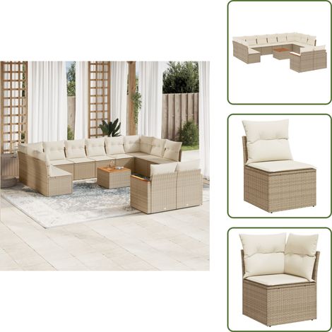 The Living Store Salon de jardin avec coussins 13 pcs beige résine tressée - Ensemble Salon De Jardin - Mobilier Extérieur - Canapé Jardin - Table Jardin - Chaise Lounge