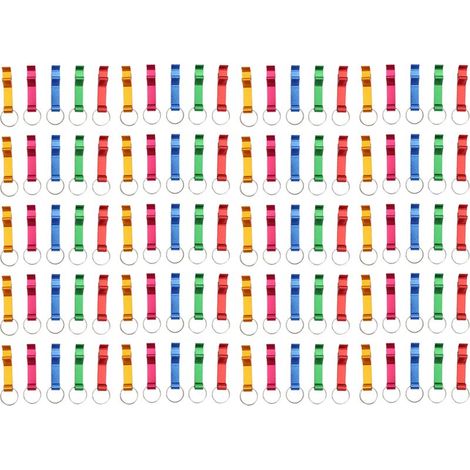 100 ouvre-bouteilles porte-clés colorés en alliage d'aluminium, avec anneau de poche et pince, pour boissons gazeuses et autres boissons. (1/5)