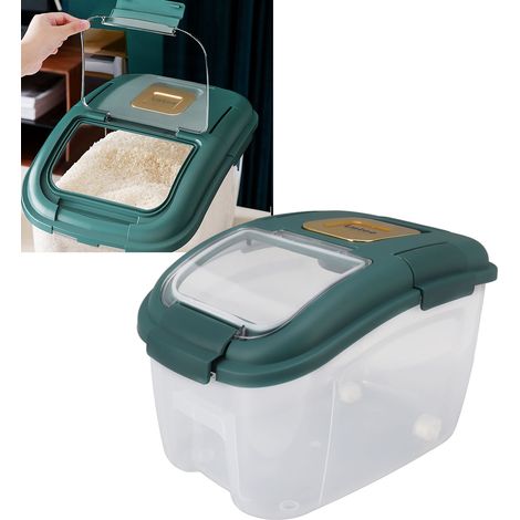 Seau à farine double couche étanche à l'humidité avec ouverture inclinée et couvercle à charnière, boîte de rangement pour riz avec roulettes, seau à grains de grande capacité, seau à riz ménager, ver (1/5)
