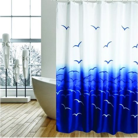 Rideau de douche Polyester 180x200cm Mouettes Bleu & Blanc - Anneaux inclus MSV (1/3)