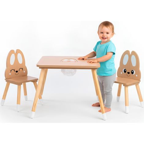 Table Enfant avec Rangement – Set en Bois avec 2 Chaises Oreilles de Lapin – 67x67 cm – Apprentissage et Jeux dès 3 Ans (1/5)