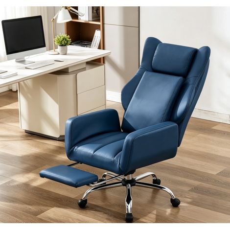 Fauteuil de bureau directeur bleu en simili cuir PU, accoudoirs rabattables, repose-pieds télescopique, inclinable 135°, siège pivotant ergonomique pour bureau maison (1/5)