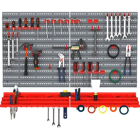 Panneau perforé mural pour outils, ensemble de 54 porte-outils pour atelier, bacs de rangement, crochets, PP, gris et rouge, 95,5 x 23 x 53,5 cm