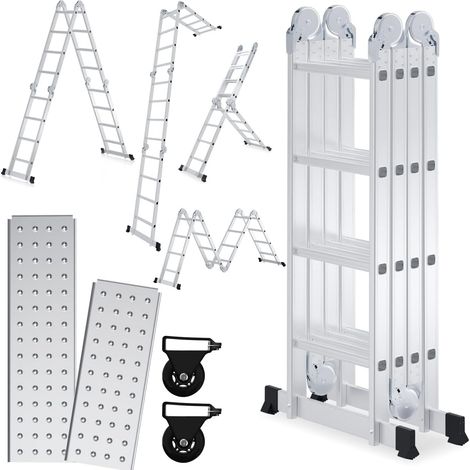 Échelle multifonction en aluminium de 4,7 m - 4 x 4 marches - Échelle multifonction avec plateforme - Échelle avec 2 plaques d'échafaudage - Échelle jusqu'à 150 kg - Échelle pliante à 16 (1/5)