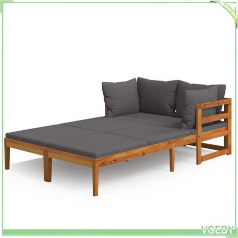 Chaises longues - FAFEICY - 3087269 - Bois acacia massif - Coussins gris foncé inclus - Accoudoir réversible (1/5)