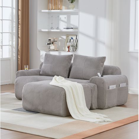 Modulares 2-Sitzer-Sofa mit Hocker, Getränkehalter und Seitentasche, Hellgrau HAVRYA (1/5)