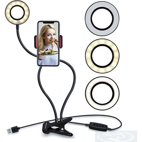 Anello luminoso con pinza supporto cellulare clip selfie video flessibile 9cm (1/5)