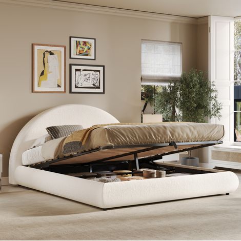 Cama matrimonial tapizada 160x200 cm con somier, cabecero alto y almacenaje, blanco bouclé OKWISH (1/5)