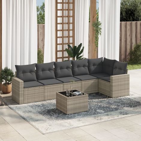 Salon de jardin 7 pcs en résine tressée avec coffres de rangement et coussins gris clair, 60.52kg - PANGIVO (1/3)