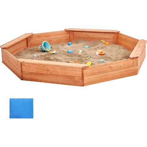 Coffre à sable en bois avec couvercle, octogonal 75,6 x 75,6 x 9,1 cm, avec 4 sièges et fond imperméable, pour jardin, plage, parc, enfants 3-12 ans. (1/5)