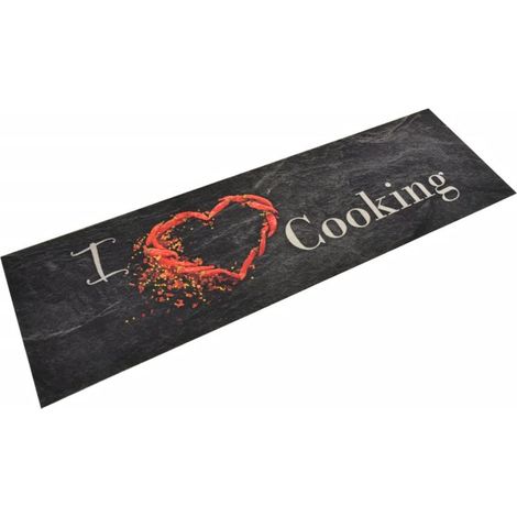 Tapis de cuisine lavable, motif cuisine, noir, 45 x 150 cm, velours (1/5)
