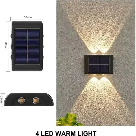 (12PCS-4LED-WARM) Lampe solaire d'extérieur pour jardin, ampoule solaire, lampe murale solaire, projecteur solaire rechargeable avec éclairage vers le haut et vers le bas (1/5)