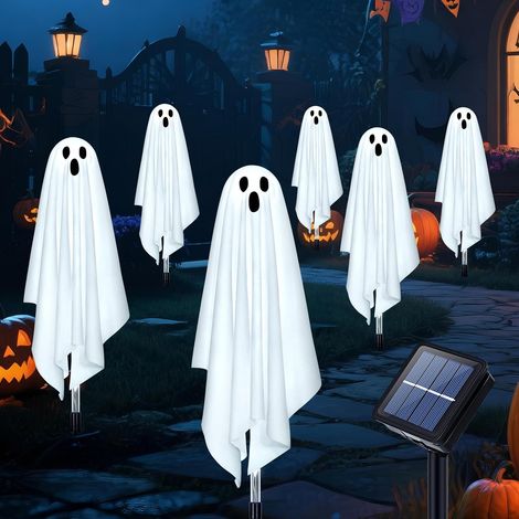 Lampe Solaire Halloween Décoration, Lot de 6 Lumineux Fantôme Exterieur Jardin, 8 Modes Piquet LED Solaire Étanche, Decoration Halloween pour Chemin, Pelouse, Fête (1/5)