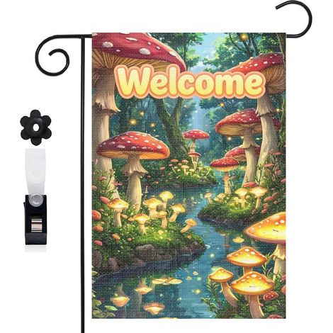 Drapeau de jardin 30 x 45 cm motif forêt magique et champignons colorés toile double face durable (1/5)
