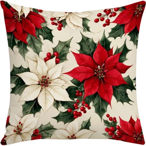 Coussin De Noël - Imprimé Fleur Rouge - Pour Canapé Salle De Séjour - 45 X 45 Cm - Lot De 1 (1/5)