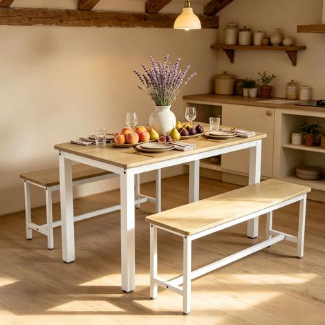 Table de salle à manger avec 2 bancs – Set 3 pièces – Dimensions table 110×60×76 cm – bois clair – design nordique (1/5)
