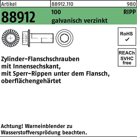 Zylinderkopf-Flanschschraube VG M8x12 Stahl 10.9 galvanisch verzinkt Innensechskant m. Sperrrippen 100 Stk (1/2)