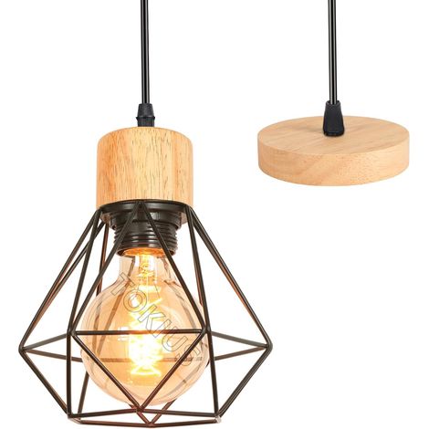 Suspension Luminaire Vintage Industrielle Lustre Abat-jour en Métal et Bois Ø160mm Plafonnier E27 avec Bois Rétro Pour Salon Cuisine Chambre (1/5)