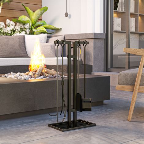 Juego de 5 herramientas para chimenea, herramientas de metal para chimenea, cepillo, pala, pinzas, atizador y soporte, negro. (1/5)
