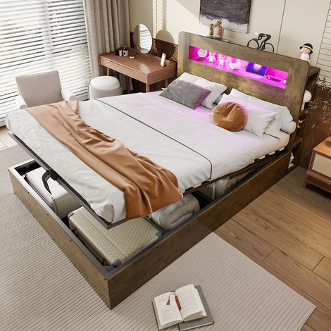 letto contenitore 140x200 con LED prese testiera legno OKMYHOME (1/5)