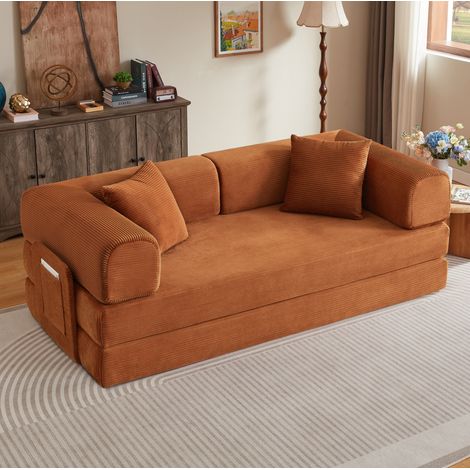 Sofá cama recto convertible de espuma, 2 colchones de 17 cm de grosor, asiento de 35 cm de grosor, estructura de acero cromado, tapicería de pana color terracota (1/5)