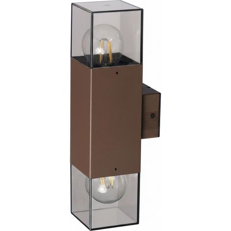 Applique da Esterno Up & Down IP44 – Lampada da Parete Biemissione Marrone con Attacco E27, Diffusore in Acrilico Trasparente, Lampadine non incluse