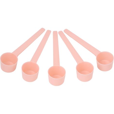 Lot de 5 cuillères doseuses à fond plat, manche long en plastique, précises pour poudre et liquide. (1/5)