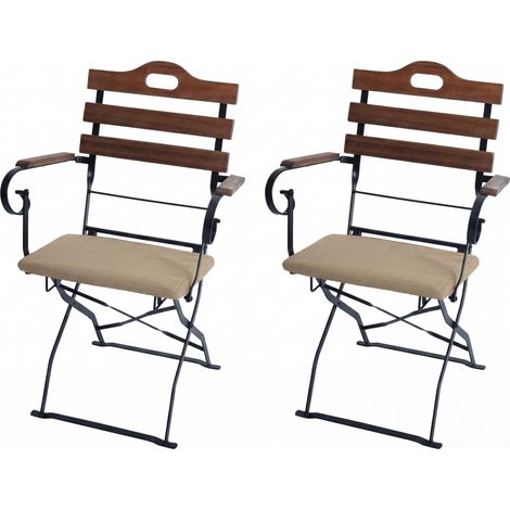 2er-Set Biergartenstuhl HHG-122, Klappstuhl Gartenstuhl, Gastronomie-Qualität Akazie hellbraun, Polster sandfarben