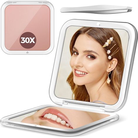 Miroir grossissant, miroir de maquillage grossissant x30, petit miroir de maquillage 8 x 8 cm, miroir de voyage pliable double face