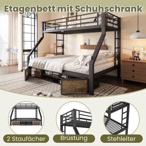 Lit superposé 90/140×200cm noir,armoire à chaussures,rangements,rampe sécurité,échelle,certifié EN747,vendu sans matelas
