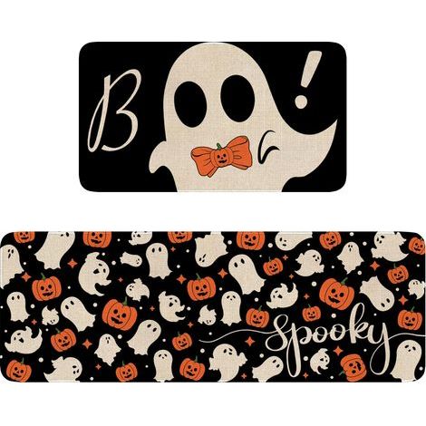 Lot de 2 tapis de cuisine et tapis de cuisine pour Halloween, motif citrouille, fantômes, boo, tapis de cuisine pour sol, tapis d'év (1/5)