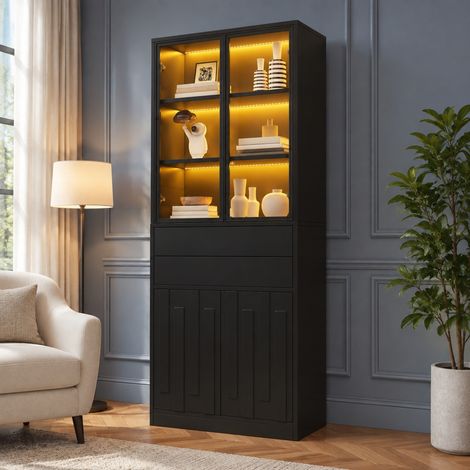 Vitrina LED 70x34x180 cm negra con puertas de cristal y 2 cajones - CHICFURN (1/5)