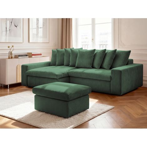 BOBOCHIC - Canapé d'angle fixe ENORE velours côtelé avec pouf Angle gauche Vert foncé (1/5)