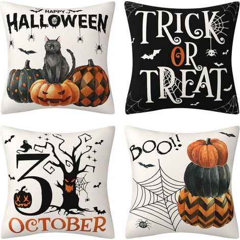 4-piece set Sofa throw pillow cover, 45x45 cm Autumn linen pillow cover Home decor Halloween cushion cover (1/4)