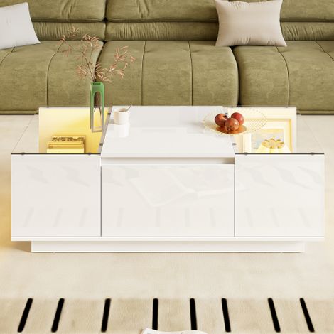 Table Basse 105cm Blanche avec Éclairage LED RGB 16 Couleurs, Plateau en Verre et 2 Tiroirs Cachés, Design Moderne Minimaliste, Contrôle Bluetooth (1/5)