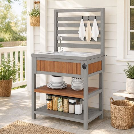 Armoire de jardin 80x51x148,5 cm en bois naturel, avec rangement pour terrasse FLORAGRACE (1/5)