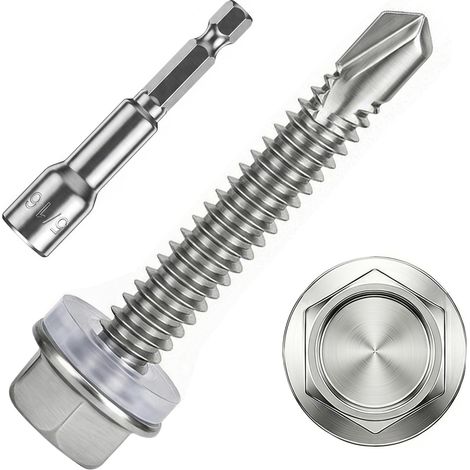 Vis Autoforeuse Metal Inox 410 Vis Autoperforante 4.8x32mm 100Stk avec Rondelles D'étanchéité EPDM Fixation étanche et 1 Douilles Hexagonale pour Metal Bac Acier Bois Tôle Placo Toiture (1/5)