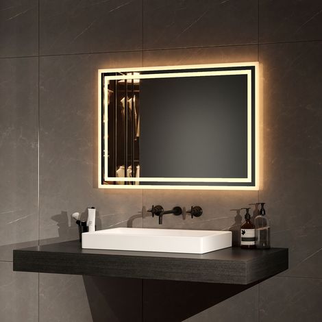 EMKE Espejo de baño con luz, espejo de baño con interruptor mecánico y antivaho, LED iluminación luz blanca y luz cálida, 70 x 50 cm (1/3)