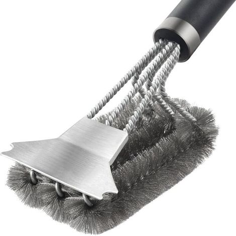 3-in-1 BBQ brush with long-handled cleaning brush and scraper, stainless steel BBQ accessory, 360° cleaning of the grill, cooking area and dishes.