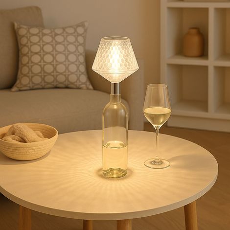 Flaschenaufsatz Flaschenlampe Kristallleuchte Tischlampe LED Touchdimmer verchromt klar, warmweiß, DxH 12 x 15,5 cm