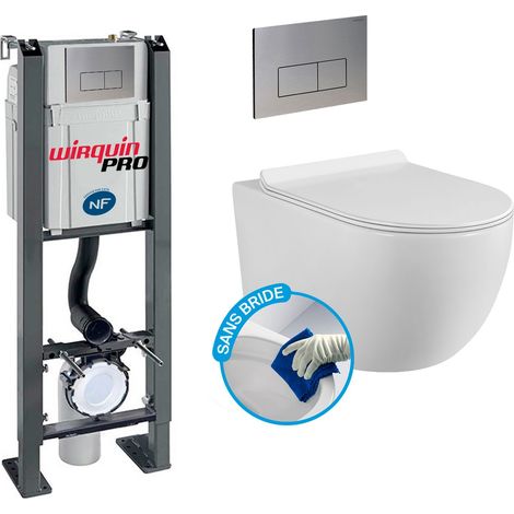 Wirquin Pro – Pack WC suspendu sans bride – Bâti autoportant CHRONO – Cuvette céramique blanche – Plaque chromée DESIGN – Hauteur réglable 370 à 580 mm