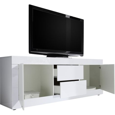 TV-Schrank Sinello, 2 Fächer, Grifföffnung, Made in Italy, 86 Zoll, 210x43x65h cm, Weiß glänzend