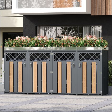 Cache-poubelles extérieur verrouillable 4 compartiments avec bac à fleurs, acier galvanisé gris (1/5)