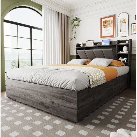 Letto matrimoniale 140x200 cm grigio in MDF con contenitore idraulico e prese USB-C (1/5)