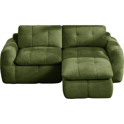 Divano modulare a L 2 posti in chenille verde con pouf, design trapuntato e base antiscivolo (1/5)