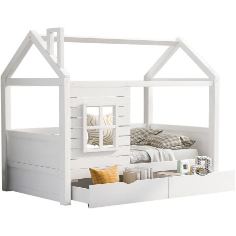 Lit maison 90x200 blanc pin massif barrière fenêtre sommier inclus (1/5)