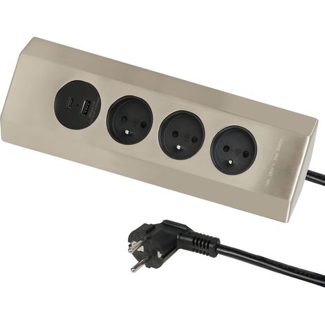 Bloc Multiprise cuisine d’Angle en inox, Facile à fixer au mur, avec 3 prises norme française 16A + 2 Port USB 3.1A (1 type A et 1 type C) 15.5W, Câble 2M H05VV-F section 3G1.5 mm (1/5)