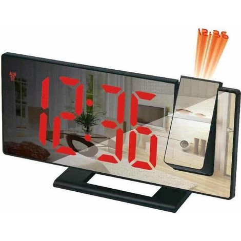 Réveil projecteur, réveil à projection 180°, horloge numérique avec écran miroir LED, port USB, répétition, 4 niveaux de luminosité, 12/24 heures (boîtier noir avec texte rouge), (1/5)